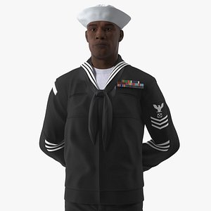 3D Afro American Sailor in Black Uniform Standing Pose