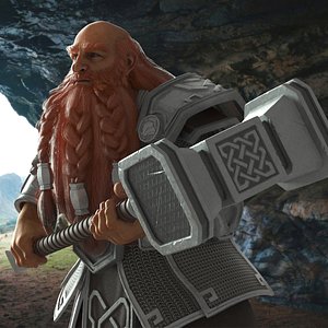 Dwarf Fighter in Chainmail with Hammer Rigged for Maya 3D model