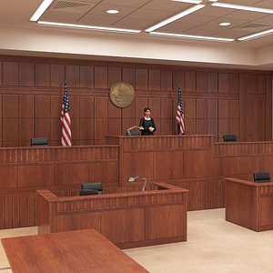 US Courtroom Room Interior with Female Judge Rigged