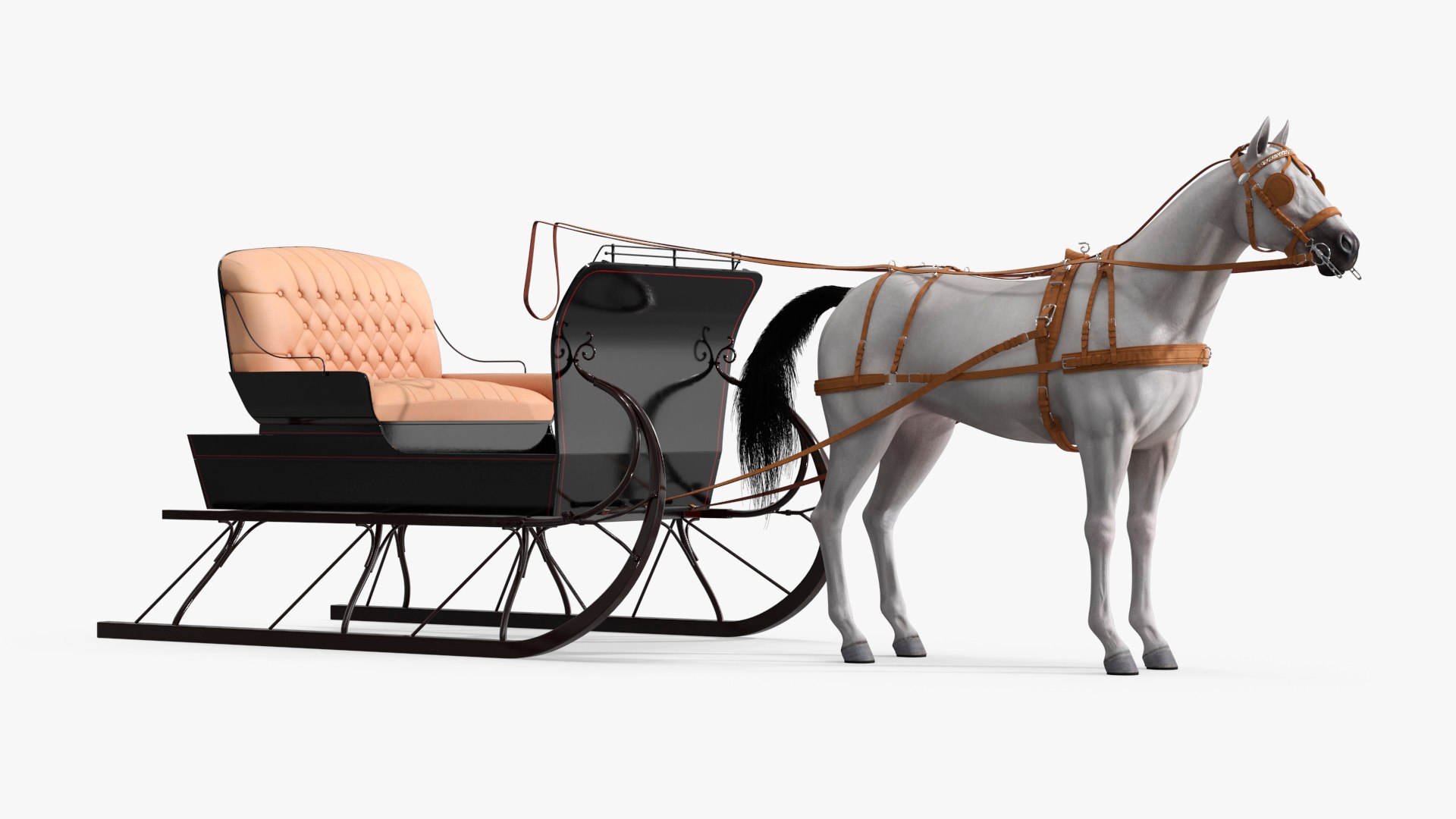Antique Winter Sleigh with Harnessed Horse 3D model preview