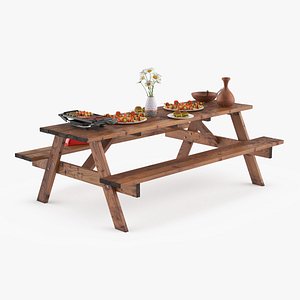 Picnic Table with Electric Grill and Food Spread 3D model