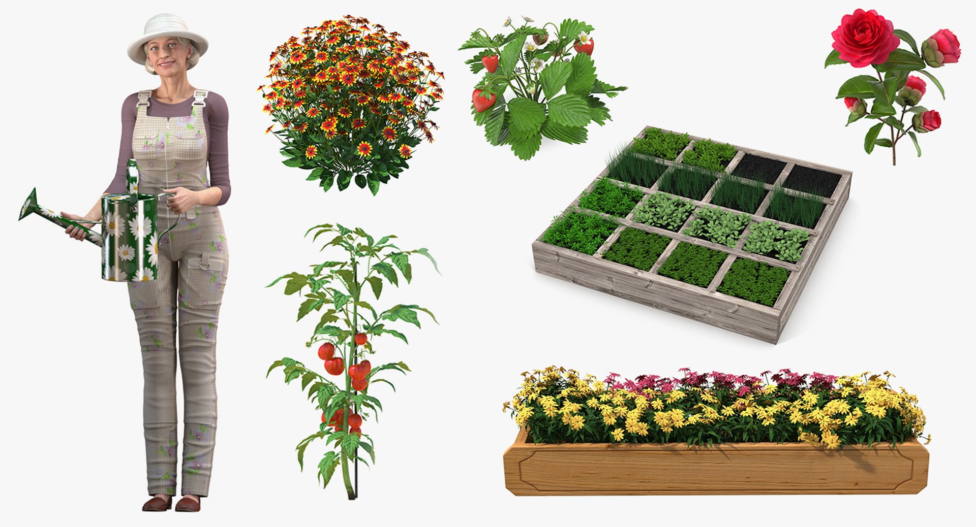 Rigged Gardening Lady with Plants Collection for Cinema 4D