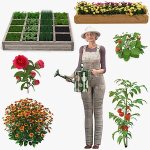 Rigged Gardening Lady with Plants Collection for Cinema 4D model