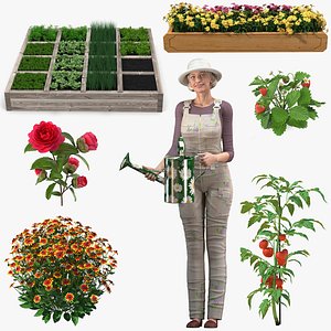 Rigged Gardening Lady with Plants Collection for Cinema 4D