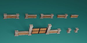 Stylized Low Poly Stone Fence and Gate
