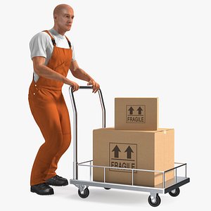 Worker with Trolley Low Platform Railing Cardboard Boxes Rigged Fur 3D model