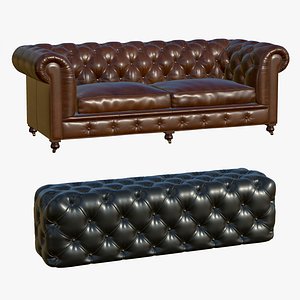 3D Chesterfield Leather Bench With Brown Sofa model