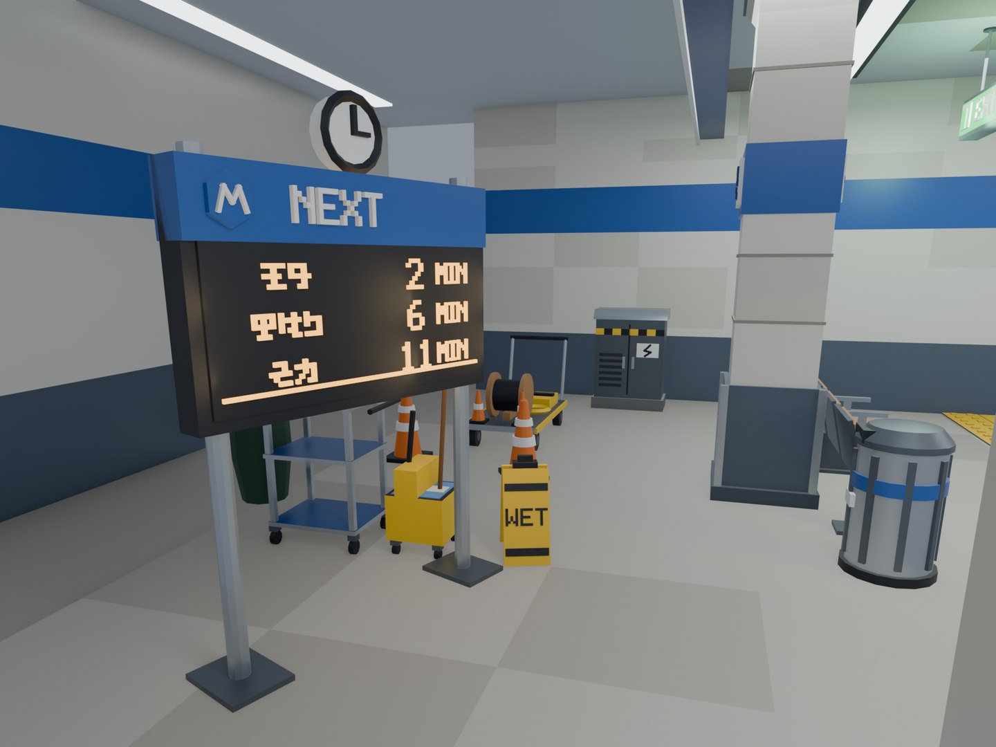 Low Poly Subway Station Platform - 54 Game Ready Models 3D model https://p.turbosquid.com/ts-thumb/cR/ajUX2M/IR/14_cleaning_cart_wet_sign_trolley_cones_junction_box_departures_board/png/1791904880/1920x1080/fit_q87/51a3556a04bd34e84566669759678756e224596f/14_cleaning_cart_wet_sign_trolley_cones_junction_box_departures_board.jpg