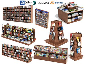 3D model Commercial Bookstore Library Bookshelf and Display Collection