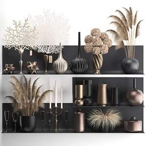 Collection of decor, dried flowers on a shelf