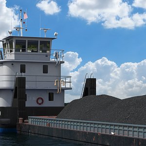 Tugboat and Hopper Barge with Coal on Water