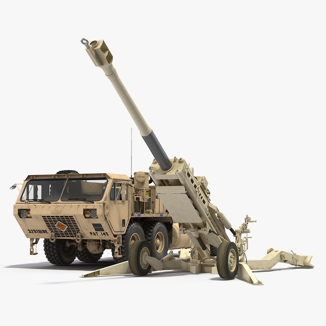 Desert Oshkosh HEMTT Towing M777 Howitzer Rigged 3D Model 3D model preview