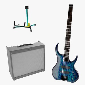 Bass Guitar with Stand and Amplifier 3D model