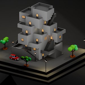 Stylized Brutalist Isometric House  Low Poly
