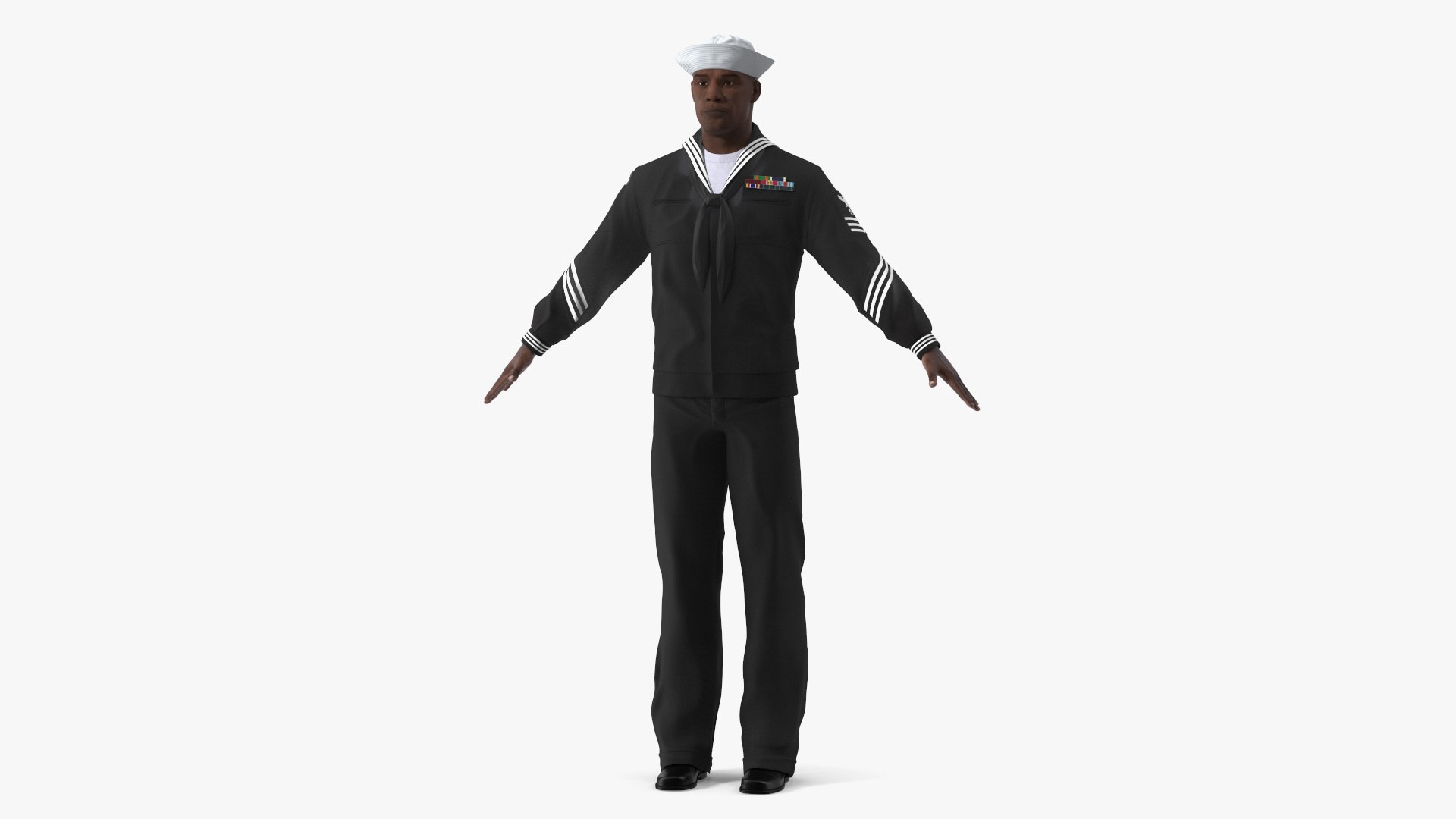 Afro American Sailor in Black Uniform A-Pose 3D model preview