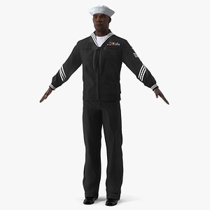 Afro American Sailor in Black Uniform A-Pose 3D model