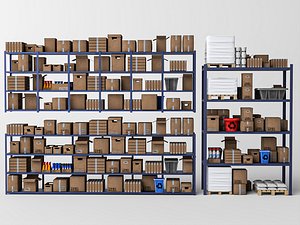 3D Warehouse Metal Storage Shelves With Cargo Boxes Asset Pack
