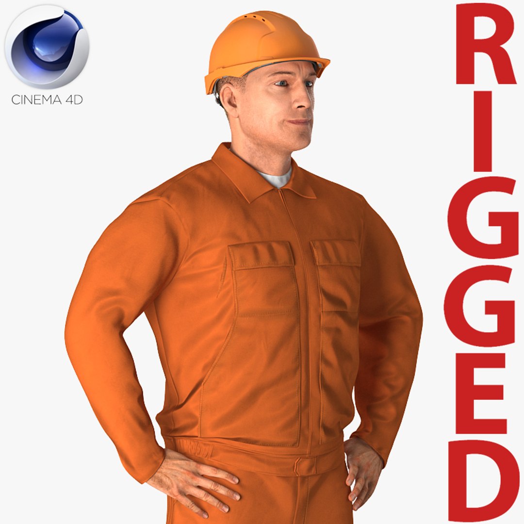 Builder Wearing Orange Coveralls Rigged for Cinema 4D 3D model preview