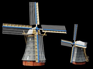 Realistic Traditional Dutch Wooden Windmill Model 3D