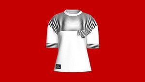 Girls Striped Panel Half Sleeve T-shirt With patch 3D model