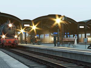 3D Vintage steam railway station full scene asset pack