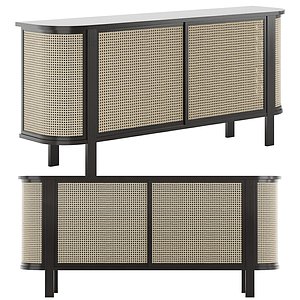 Rattan console cabinet with curved side panels and wooden top