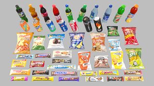 Set of drinks and snacks and chocolate bars