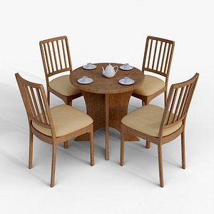 3D 4 Seater Wooden Dining Table Set with Tea Cups