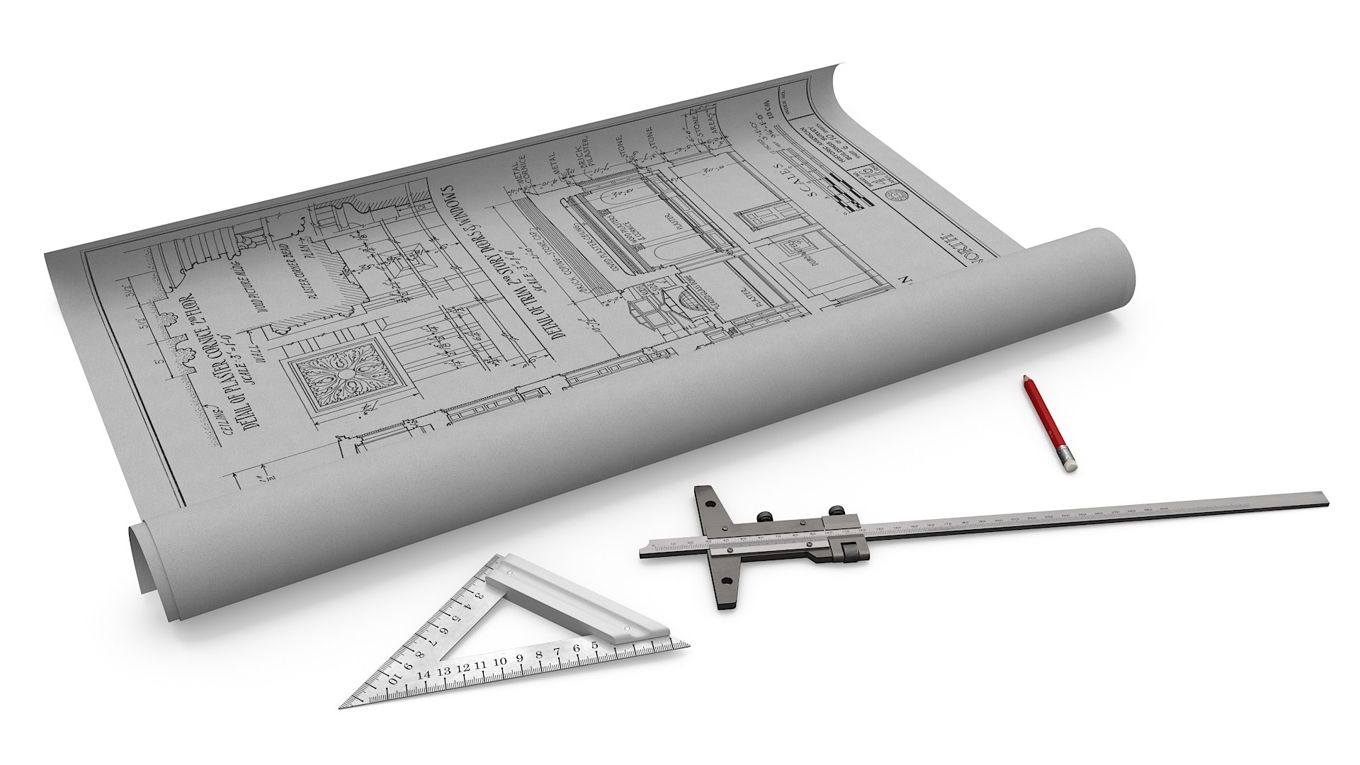 3D Architectural Blueprint With Measurement Instruments Model ...