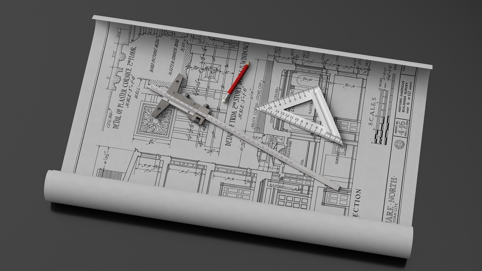 3D Architectural Blueprint With Measurement Instruments Model ...