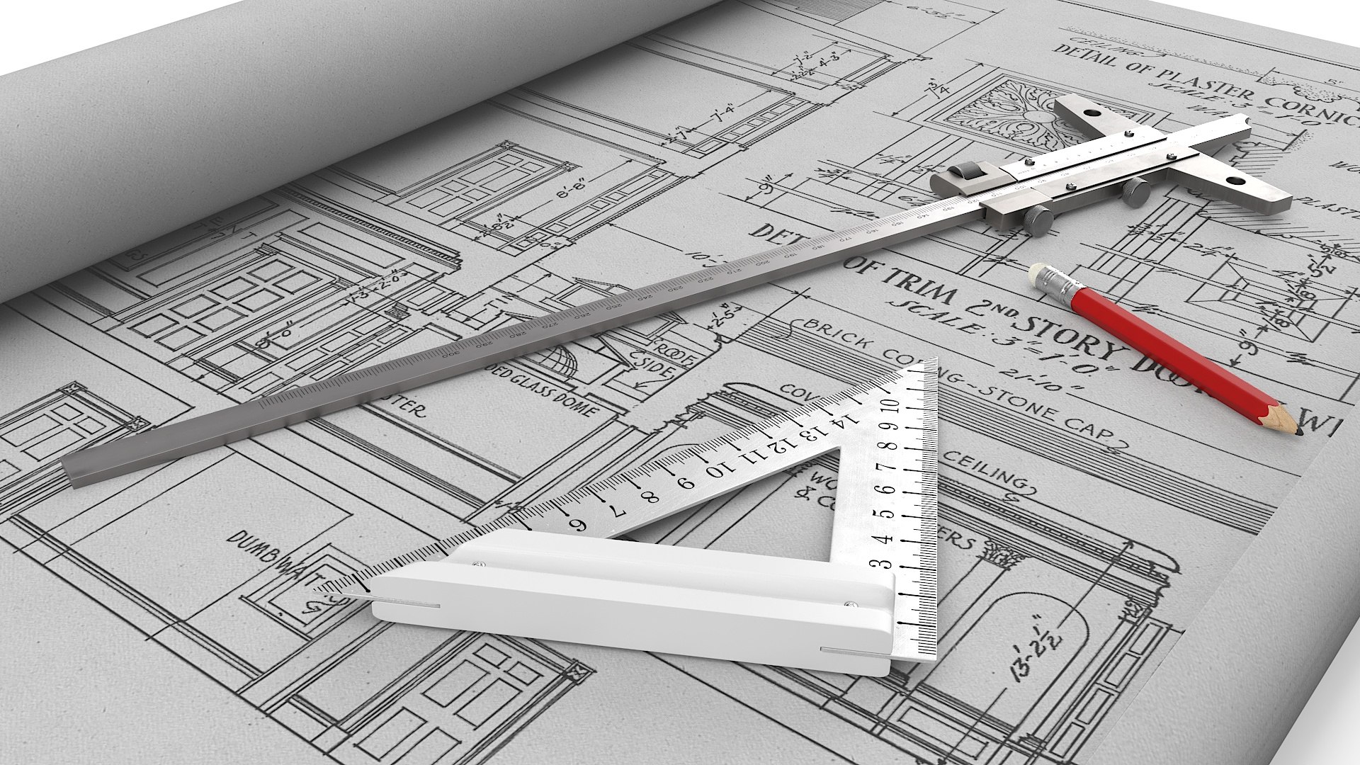 3D Architectural Blueprint With Measurement Instruments Model ...