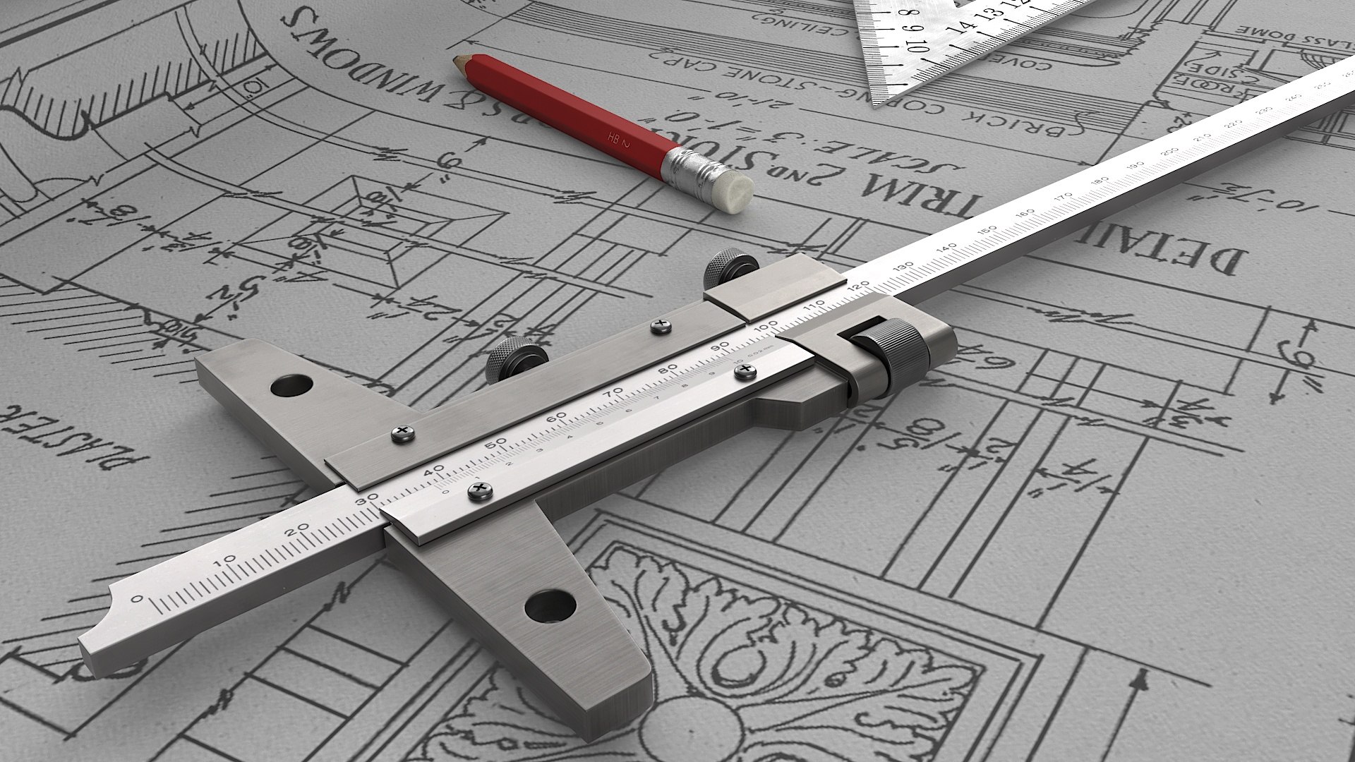 3D Architectural Blueprint With Measurement Instruments Model ...