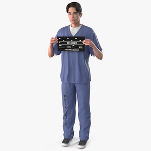3D model Asian Prisoner Blue Uniform with Mugshot Sign