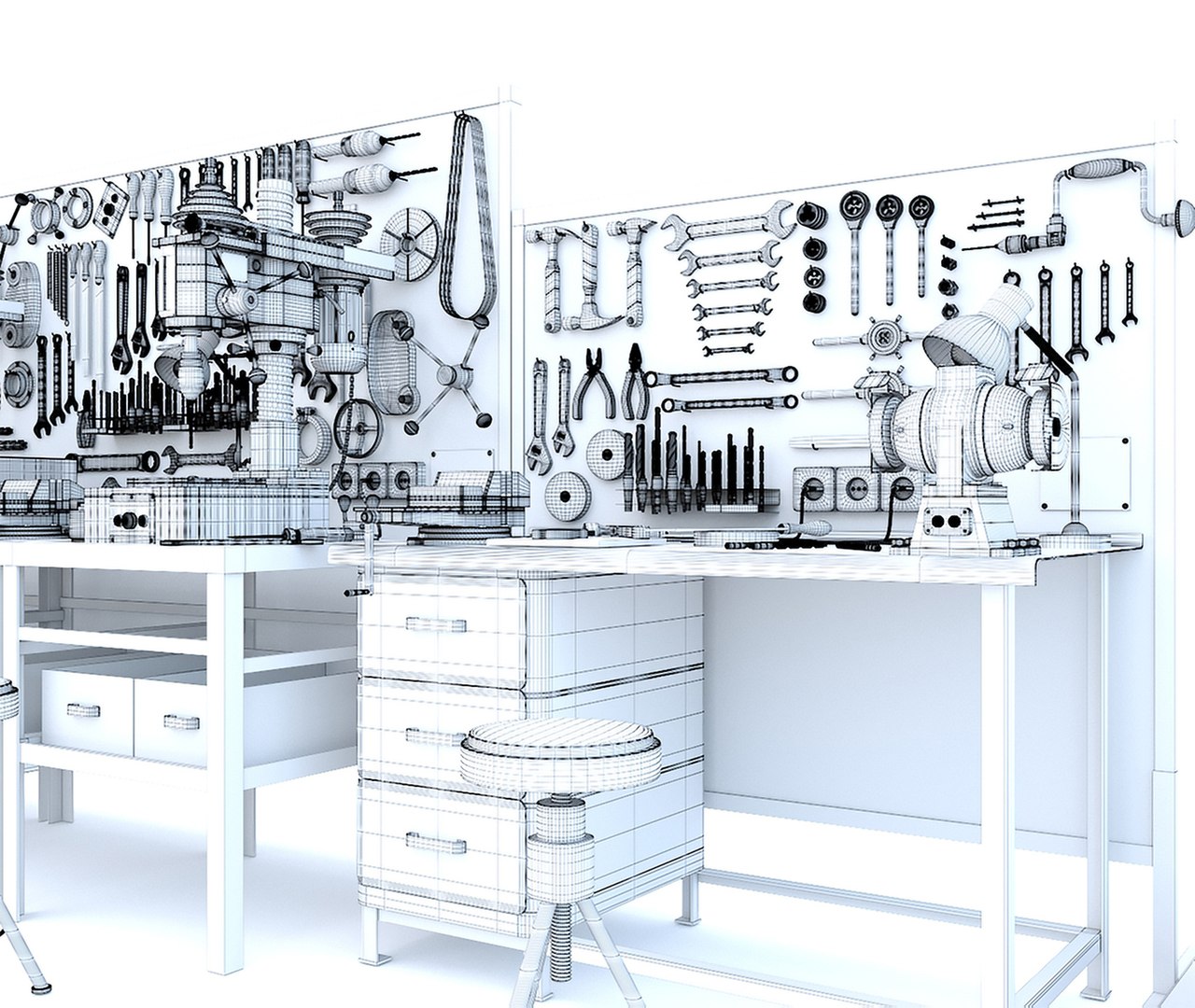 3D Industrial Workbench Garage Tools And Lathe Drilling Machine ...