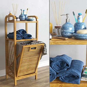 Bamboo shelf with laundry basket with accessories
