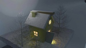 Snowy House in Winter Forest - Low Poly 3D Model