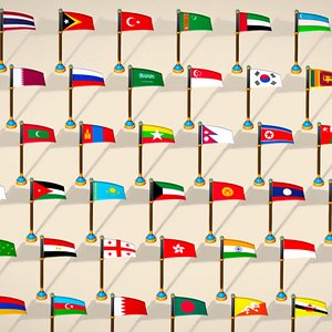 Asia Countries Flags Pack - Toon Style Low Poly Pack 3D