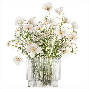 3D Bouquet of white wildflowers Poppy daisy in a vase 432 model