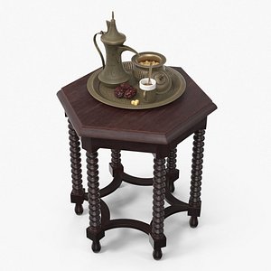 3D Arabic Brass Coffee Set on Table with Dates and Sugar model