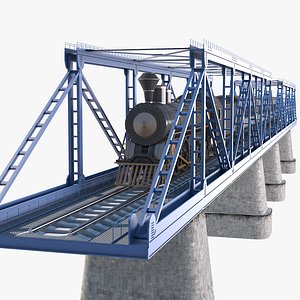3D Railway Bridge and Train - Blue