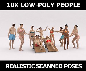 10x LOW POLY BEACH PEOPLE MAN WOMAN CROWD
