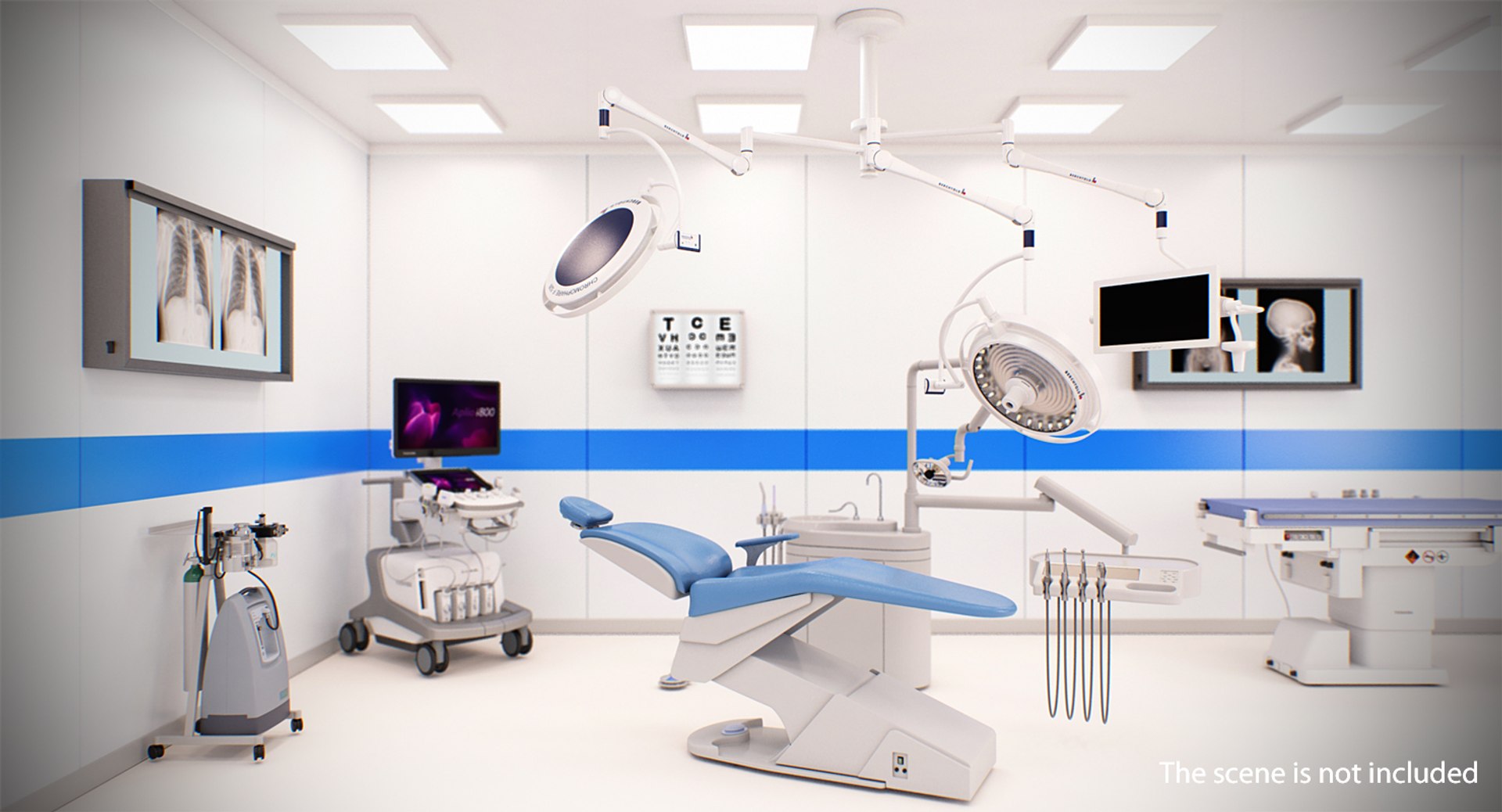 Berchtold Chromophare Ceiling Mount Two Surgical Light with Monitor Rigged for Blender 3D model preview