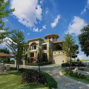 3D model Villa Exterior with Patio and Greenery