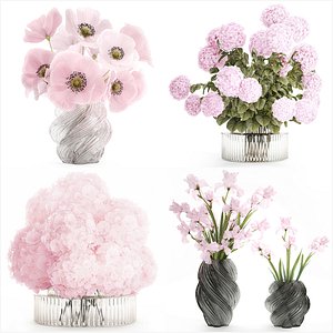 Collection realistic pink bouquets 5 flowers vase decor