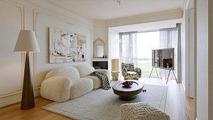 Elegant Cream Boucle Living Room with Classic Molding  Modern Touches 3D model