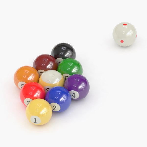 3D 9 billiards balls aligned with a white Aramith cue ball with 6 red points model