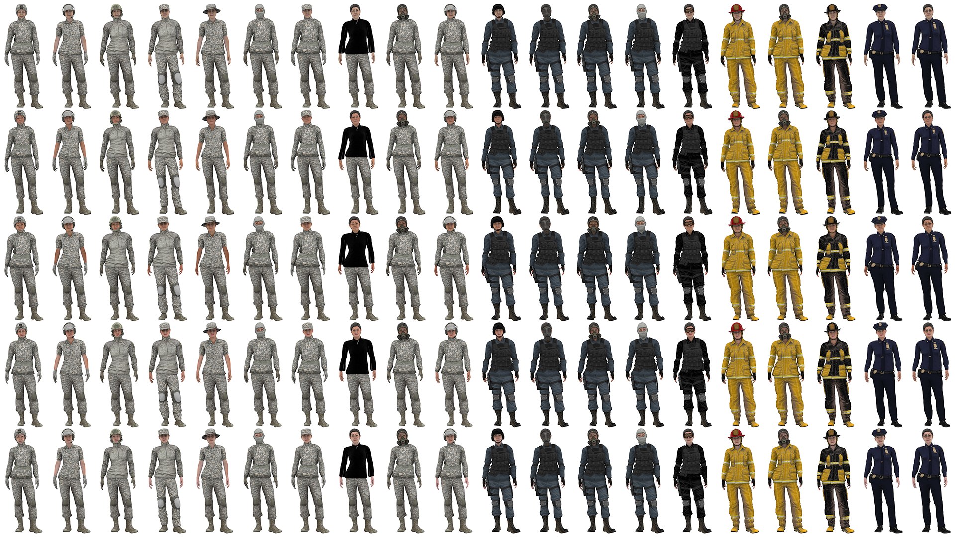 3D Characters pack https://p.turbosquid.com/ts-thumb/cq/423osm/Xf/1920x1080whitefemaleduty/png/1722949733/1920x1080/fit_q87/64e28d94142e4dee77b83a74cd6278d595256fd2/1920x1080whitefemaleduty.jpg