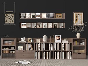 Modern Wooden Bookcase And Decor Props Set 3D model
