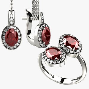 Ruby Ovals Gold Ring and Earrings Set 3D model