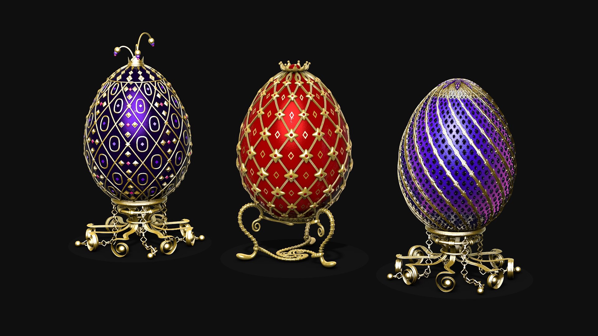 Collection of Faberge eggs R1 3D model https://p.turbosquid.com/ts-thumb/cs/JbCwr2/Lp/collectionfabergeeggsr13/jpg/1737836643/1920x1080/fit_q87/6a51e6e1b1eeb3646f90bd82a59db3e3d2fb726a/collectionfabergeeggsr13.jpg